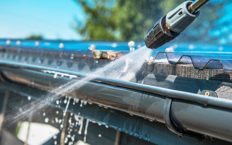 Limpeza de calha com jato de alta pressão para manutenção preventiva e prevenção de entupimentos.